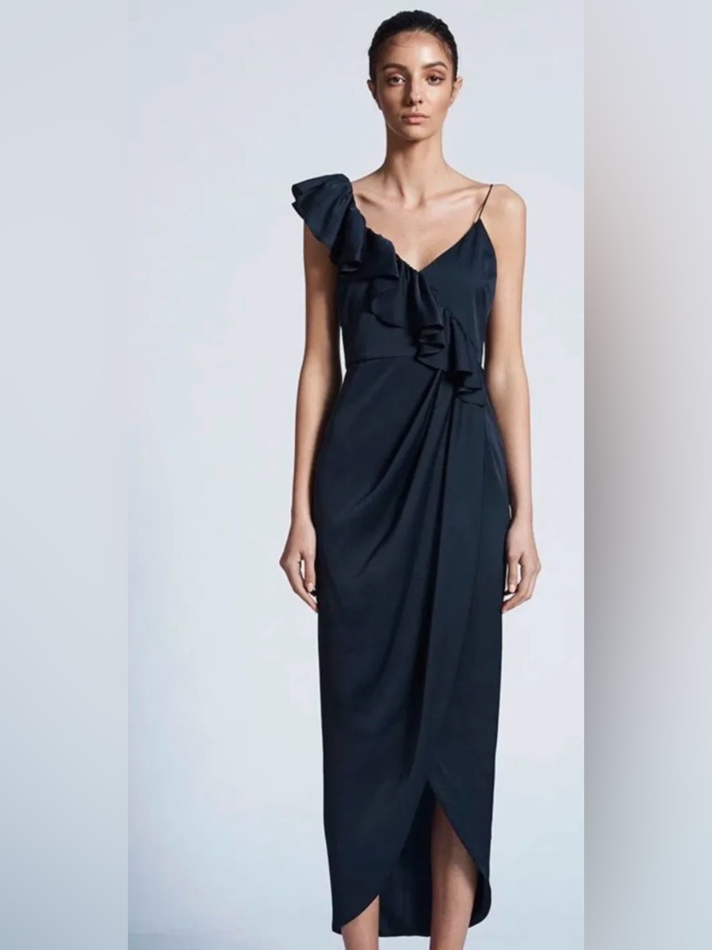 Shona Joy Black One-Shoulder Ruffle Midi Dress